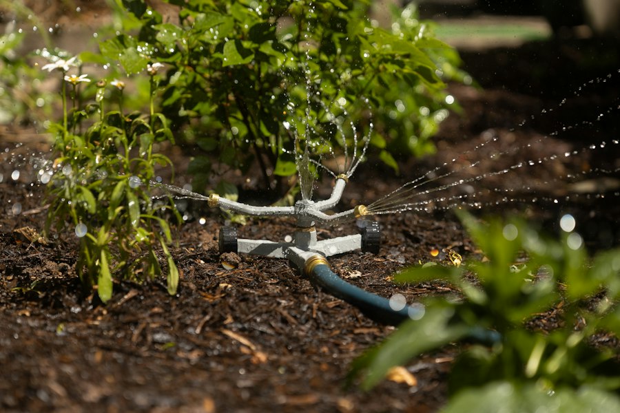 A sprinkler watering a planted garden bed